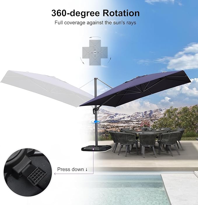 PURPLE LEAF 11.5' X 11.5' Telescopic Patio Umbrella with Base Included Lifting Cantilever Offset Square Large Umbrella for Pool Outdoor Patio Deck Garden Navy