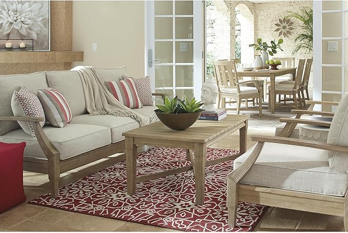 Signature Design by Ashley Clare View Outdoor Patio Sofa, 4 Throw Pillows, Nuvella Weather Resistant Fabric, Eucalyptus Wood, 81" W x 35" D x 32" H, Beige