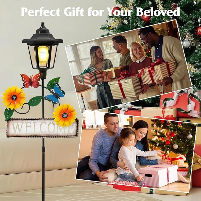 Lewondr Solar Garden Lights Butterfly, 37.4 Inch Solar Lamp Post Light with Welcome Sign & Butterflies, Outdoor Waterproof Solar Stake Lights for Yard Porch Patio Pathway Gardening Gifts, 2 Pack