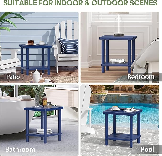 Outdoor Side Table, 2-Tier Small Outdoor Table for Patio, Adirondack Side Tables for Outside or Indoor, Bamboo End Table for Pool, Porch, Weather Resistant Easy Maintenance-Dark Blue