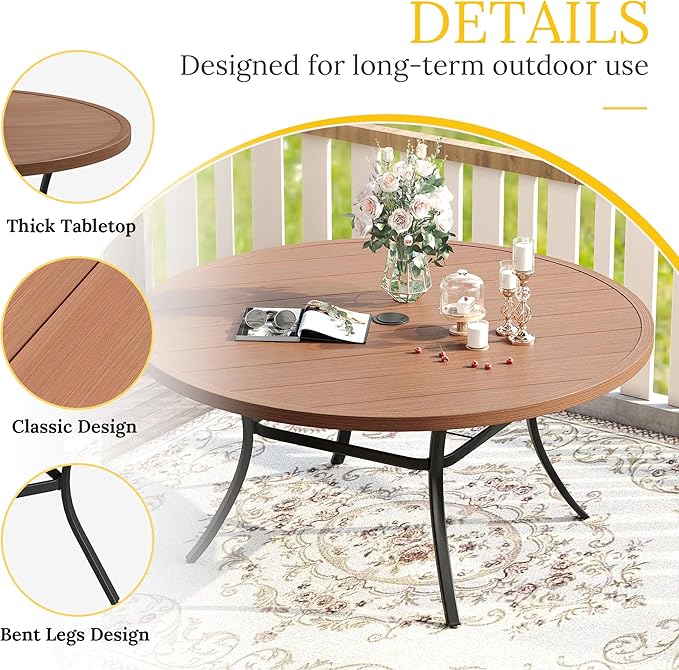 VICLLAX 63" Outdoor Round Patio Table with Umbrella Hole, All Weather Metal Round Outdoor Dining Table for Lawn Garden, 8-10 Person Table, Walnut Wood Grain