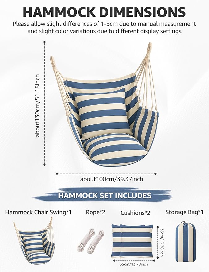Hammock Chair Swing 2 Cushions Included - Hanging Rope Swing Max 400 Lbs Sturdy Soft Cotton Indoor for Bedroom Swing Chair Outdoor Patio Bedroom Porch Deck (Blue White Stripes)
