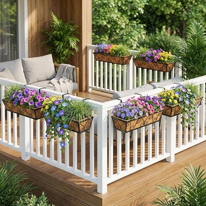 6pcs 24 Inch Window Deck with Coco Liner, 24" Window Boxes Horse Trough with Coconut Coir Liner, Metal Hanging Flower Planter Window Basket Deck Railing Planter Boxes for Outdoor Indoor Lawn