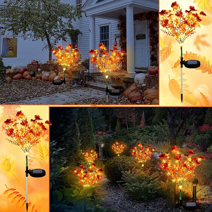 2 Pack Solar Stake Lights Outdoor Decor Waterproof Mums Artificial Flowers Solar Lights for Outdoor Garden Yard Pathway Decor (Orange,Violet)