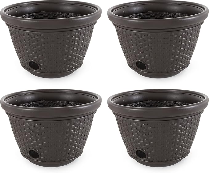 Suncast 4 Pack Wicker Hose Pot, Decorative Resin Garden Hose Storage, 100ft 5/8in Standard Vinyl Hose Capacity with 4 Drain Holes, 18in x 12in, Java