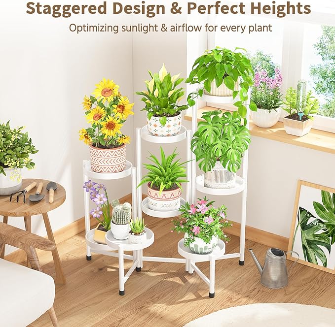 LASZOLA 8 Tiered Folding Tall Plant Stand Indoor for Multiple Large Planter, Heavy Duty Metal Adjustable Flower Rack for Narrow Corner, Sturdy Vertical Spiral Shelving Holder for Modern House, White