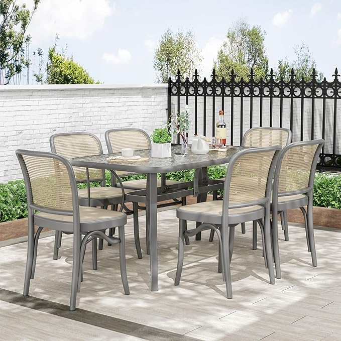 TLSUNNY Patio Outdoor Table W/ 1.69″ Umbrella Hole, 30"X 55" Rectangular Tempered Glass Patio Dining Table for 6, Outdoor Metal Furniture, All-Weather Use, for Patio, Graden, Backyard (Grey)