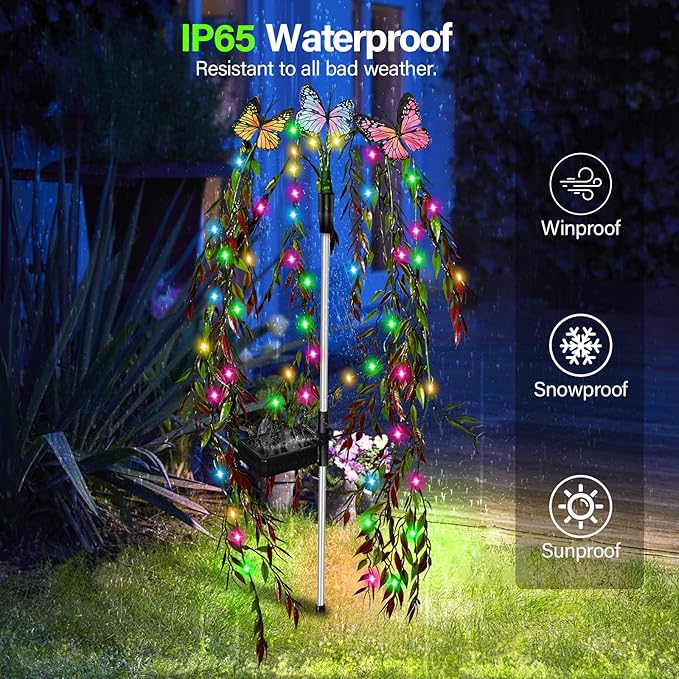 Solar Garden Lights Outdoor Decorative Waterproof, 69LED Swaying Tree Solar Lights for Outside, Butterfly Flower Lights Solar Power Yard Decor for Pathway Patio Lawn Grave Decorations