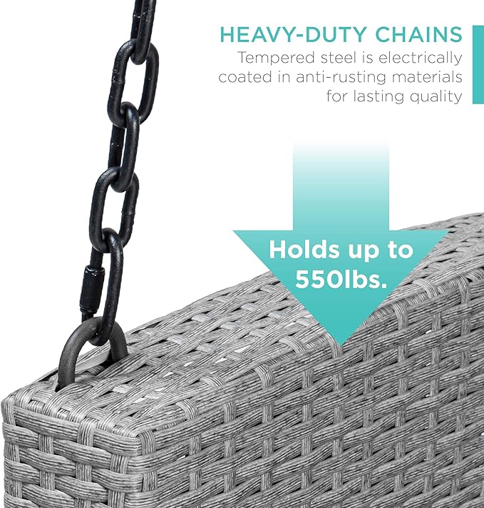 Best Choice Products Woven Wicker Outdoor Porch Swing, Hanging Patio Bench for Deck, Garden w/Mounting Chains, Seat Cushion - Gray/Navy