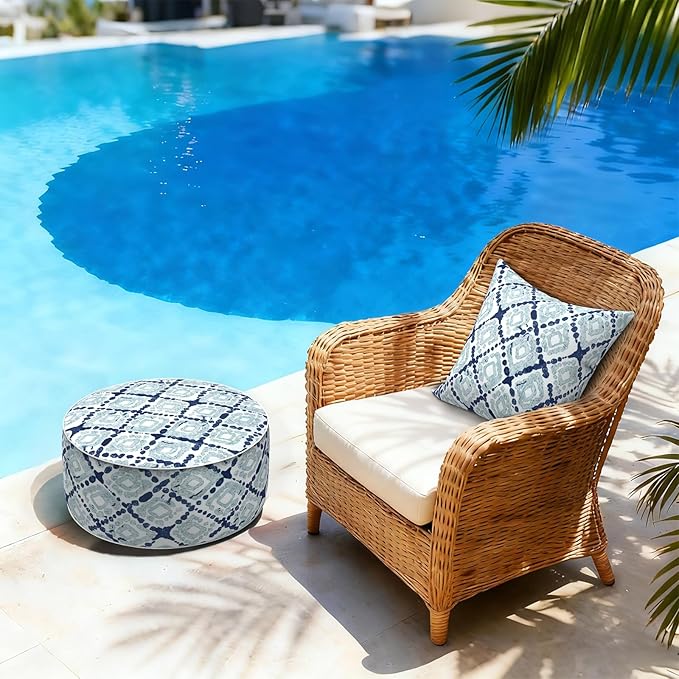 LVTXIII Inflatable Stool Ottoman Footrest with Handle, Decorative Fade-Resistant Foot Stool, Indoor or Outdoor Pouf for Home Garden and Camping Use, 21x21x9, Boho Geometry Blue