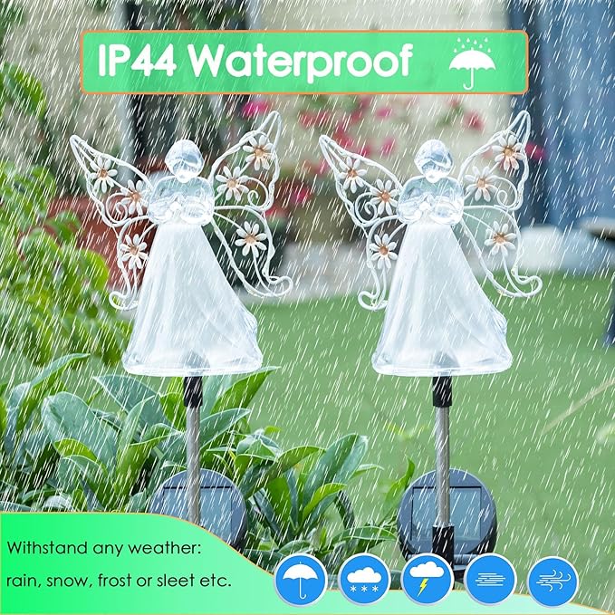 Solar Angels for Cemetery Grave Sympathy Memorial Remembrance Gift Solar Angels for Outside as Yard Decorations Lawn Ornaments Solar Garden Decor, Angel Gifts for Women 2 Pack (Pink Flower)