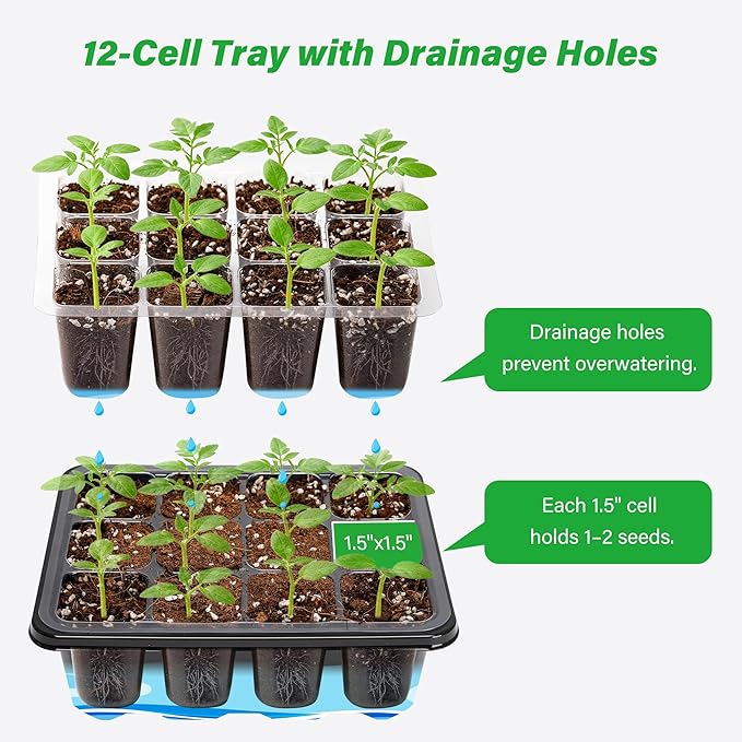 Bonviee 5-Pack Seed Starter Tray Seedling Kits,Plant Starter Kit with Adjustable Humidity Dome and Base Indoor Greenhouse Mini Propagator for Seeds Growing Starting (12 Cells per Tray,Black)