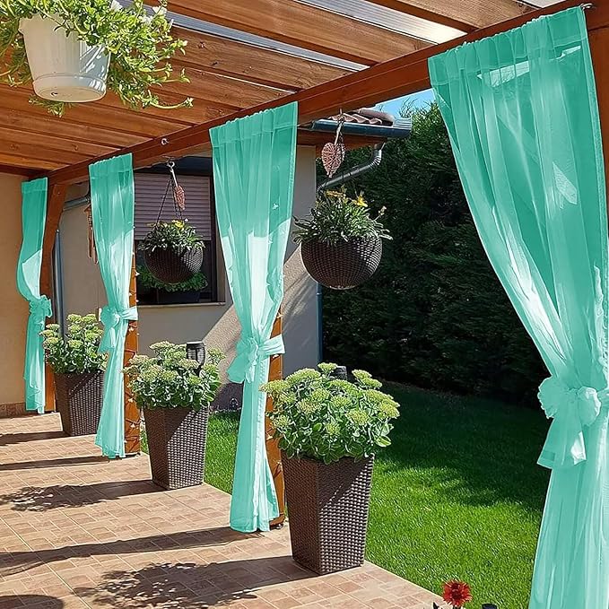 SpaceDresser Waterproof Outdoor Sheer Curtains for Patio - 4 Panels Rod Pocket Indoor Voile Sheer Curtain for Living Room,52W x 84L inch, Turquoise