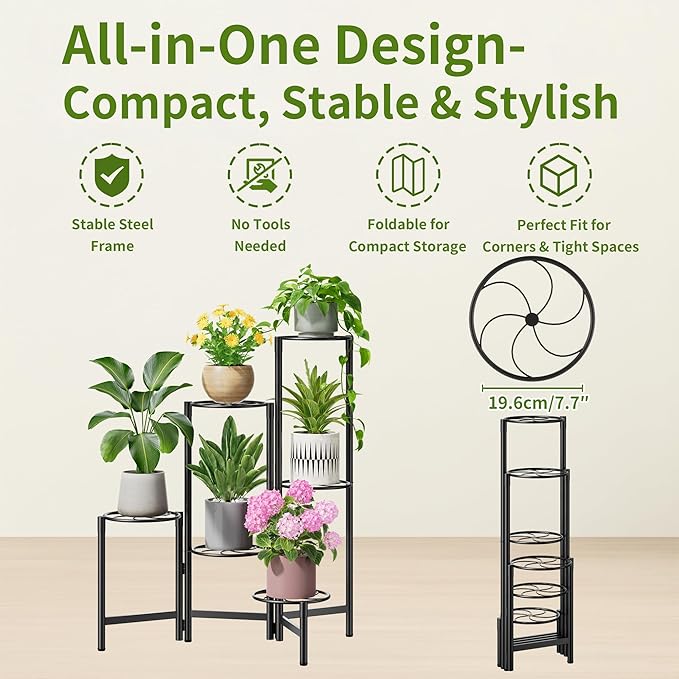 Outdoor Plant Stands for Patio Corner Tall Plant Stand Indoor Metal Flower Pot Stands for Multiple Plants 6 Tier Heavy Duty Shelf Black Kite
