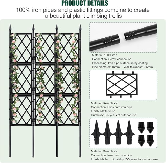 Garden Trellis for Climbing Plants Outdoor 5.25 FT, Iron Pipe Metal Support Wall Tall Plant Trellis Lattice Fence Plant Support with Garden Twist Tie for Ivy Vines Rose