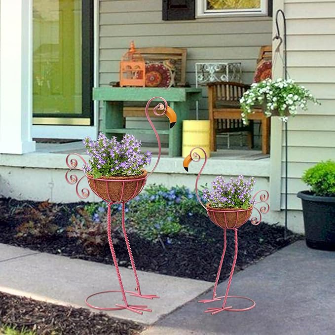 Metal Flamingo Planter with Basket -Garden Bird Planters for Outdoor Indoor Lawn,Yard,Porch,Patio, Garden Decorations（Set of 2）