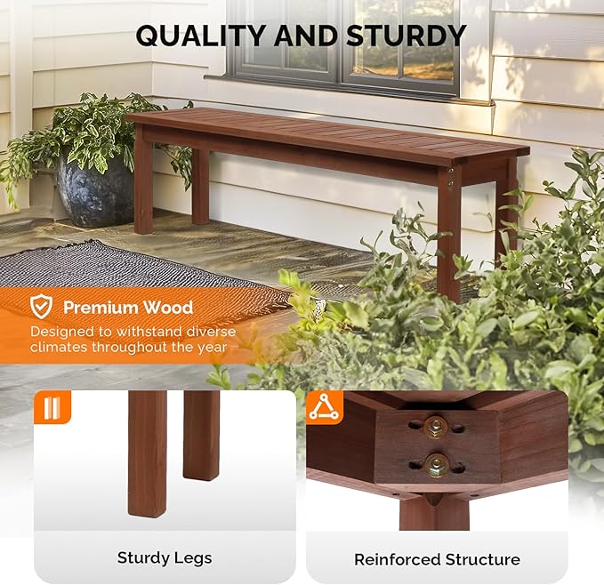 VINGLI Outdoor Wooden Bench, 62” Porch Bench Outdoor Backless Garden Bench, Small Outdoor Bench for Deck Patio Entryway (Brown, 62in)
