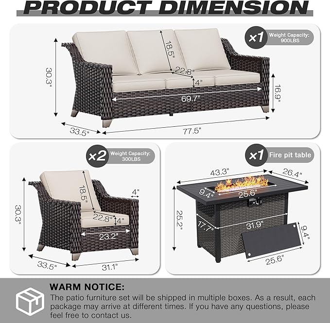 Joyside Wicker Patio Furniture Sets, 4 Pieces Upgraded Large Size Outdoor Furniture with Patio Dining Chair, 3-Seat Sofa, Fire Table,Thick Cushions, Wide Armrest, Beige