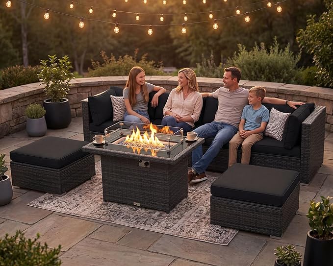 NICESOUL 7 Piece Outdoor Patio Sectional Furniture Set with Firepit Natural Gas/Propane, 29.3'' High-Back Comfy Conversations for Outside, Oversized Wide Wicker Couches, 2 Color Cushion Black & Gray