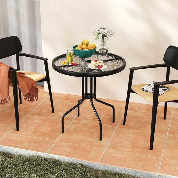 Tangkula 27.5 Inch Round Outdoor Dining Table with Tempered Glass Top, Outside Bistro Table with Umbrella Hole & Metal Frame, Patio Dining Table for Backyard, Lawn, Deck & Poolside