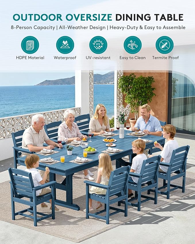 SERWALL 9 Piece Outdoor Dining Set, 84" HDPE Outdoor Table and Chairs for 8，All Weather Patio Furniture Set with Umbrella Hole for Backyard, Garden, Blue