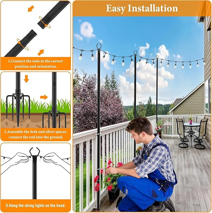 6 Pack String Light Poles,10 Ft Light Poles for Outside String Lights,Outdoor Lights Pole with Fork,Metal Poles Stand for Patio Deck Backyard