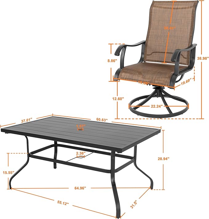 NUU GARDEN Patio Dining Set 7 Pieces Outdoor Dining Set for 6 Patio Swivel Chairs Textilene with 1 Metal Large Dining Table 6 Person Patio Set for Lawn Garden Deck, Brown and Black