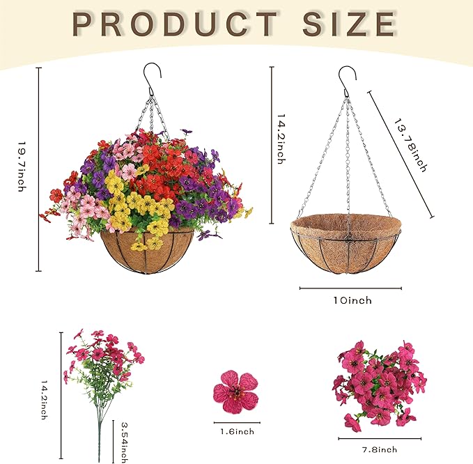 Senjie 12 Bundles Artificial Hanging Flowers with Basket for Outdoor Decor, UV Resistant Faux Flowers Fake Hanging Planter for Porch Patio Balcony
