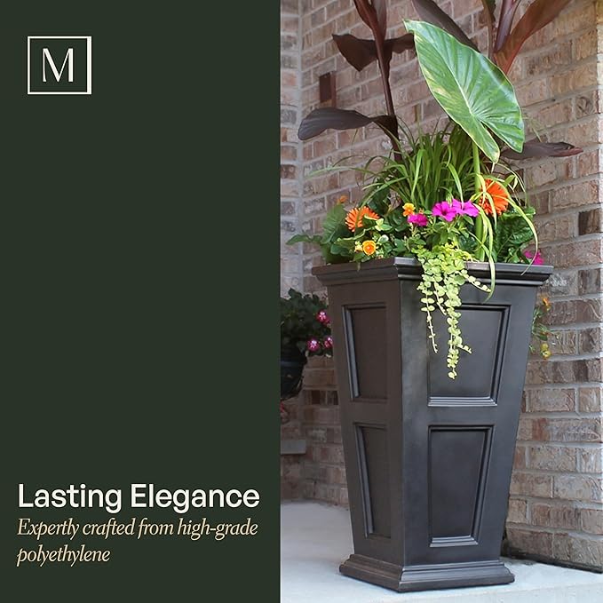 Mayne Fairfield 28-Inch Tall Planter, 2-Pack – Self-Watering, Weather-Resistant Planter for Flowers – Durable Outdoor Design for Patio, Porch, or Entryway