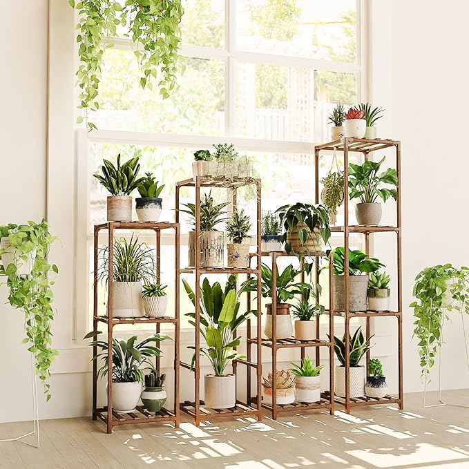 Bamworld 4 Sets Tall Plant Stands Indoor Outdoor Combo Plant Shelves Wooden Plant Holder Rack for Multiple Plants Flower Stands for Living Room Balcony Garden Patio Lawn Window