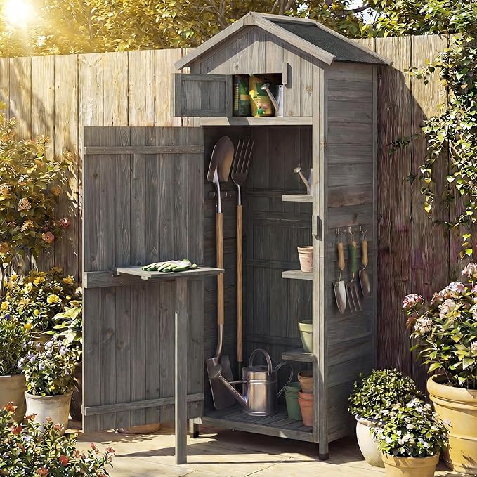 Goplus All-in-One Storage Shed, 70" Tall Wooden Lockable Cabinet w/Foldable Work Table, Vertical Utility Tool Organizer w/Shelves & Hooks, Waterproof Garden Shed for Patio Backyard (Gray)