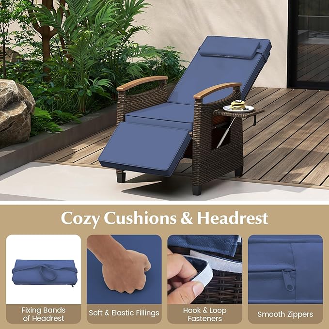 RELAX4LIFE Rattan Outdoor Recliner Chair - Wicker Chaise Lounge Chair w/Adjustable Back & Footrest, Acacia Wood Armrests, Flip Side Table, Cushion, Reclining Patio Chair for Pool Yard (1, Navy)