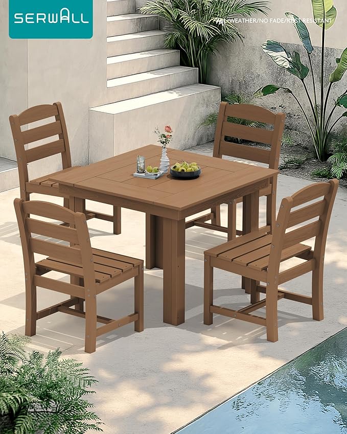 SERWALL Outdoor Dining Set for 4, HDPE Square Table and Chairs Set All Weather Patio Dining Set with 4 Armless Chairs for Patio, Brown
