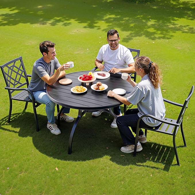 VEVOR Outdoor Patio Dining Table, 47 inch Round Metal Steel Slat Backyard Bistro Tables, with 1.5 in Umbrella Hole, Outside All-Weather Large Furniture for Lawn Garden Porch, Black