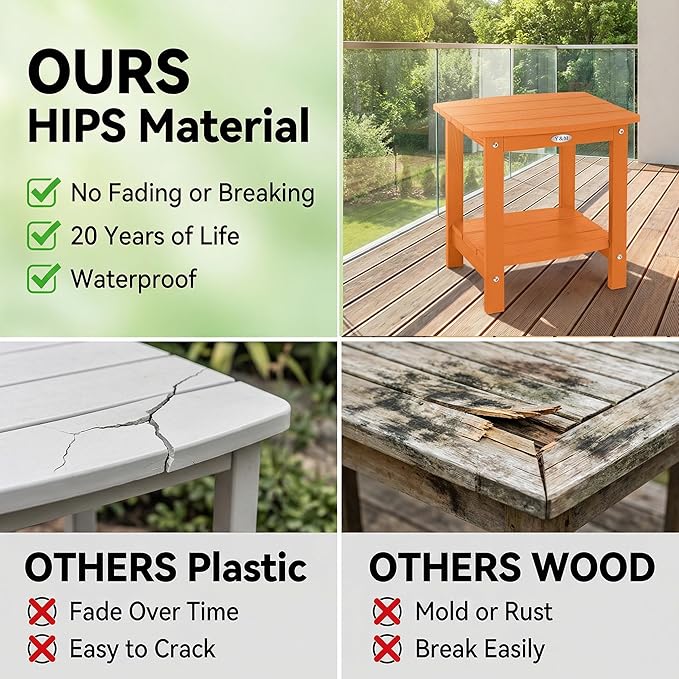 Y&M Outdoor Side Table, HIPS Adirondack Small Double Layer Table, Waterproof Square Outside Table, Balcony End Tables for Patio, Pool, Porch, Deck, Indoor or Outdoor Use, Orange