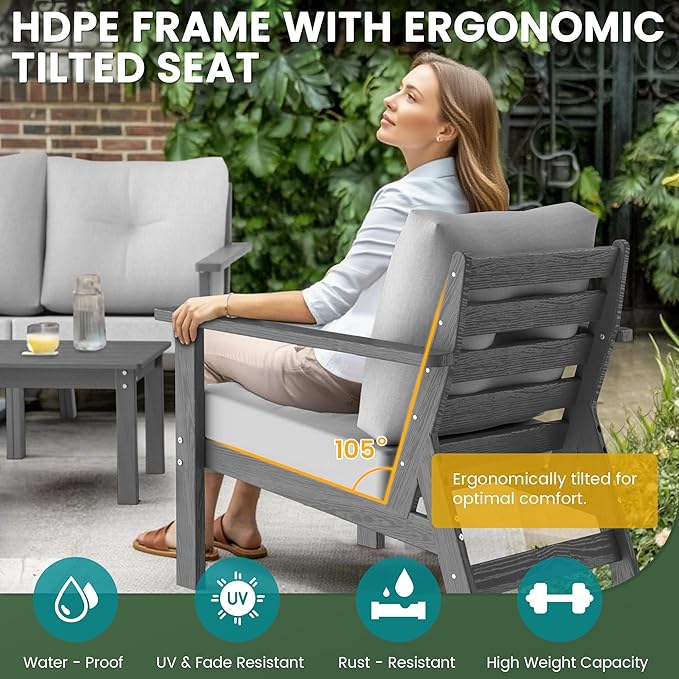 7-Piece HDPE Patio Furniture Set, Outdoor Sectional Sofa Set,All Weather Outdoor Couch with Dust-Free Cushions, Durable Patio Conversation Sets for Balcony, Porch, Gray