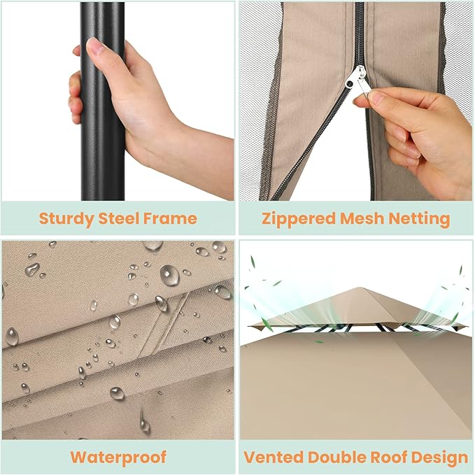 COBIZI Gazebo 10x10 Heavy Duty Gazebos with Improved Nettings Outdoor Gazebo Double Roof Patio Gazebos with Metal Steel Frame Outdoor Canopy for Patio, Deck, Backyard (Khaki)