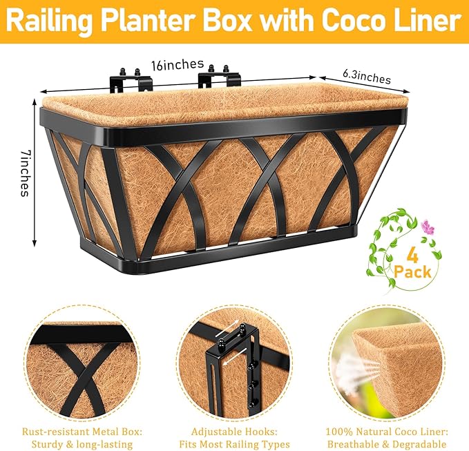 Riare 4 Pack 16 Inch Metal Railing Planter Window Box with Coco Liner- Adjustable Window Flower Boxes for Railings, Hanging Rail Planters for Deck, Balcony, Porch, Fence, Indoor Outdoor Plants