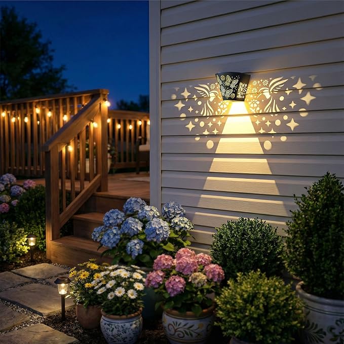 2 Pack Solar Fence Lights Outdoor Wall lihgts Decorations Metal Solar Deck Lights Waterproof LED Solar Powered Step Light Warm White Decorative Lighting for Garden, Front Door (Hummingbird)