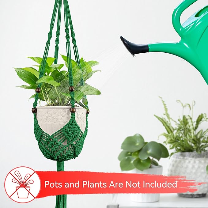 USLAI Macrame Plant Hanger Indoor Outdoor, Fits 3 to 6.5 inch Pots, Hanging Planter Holder with Beads and Tassels, Boho Home Decor, 35+35 Inch, Green (POTS NOT Included)