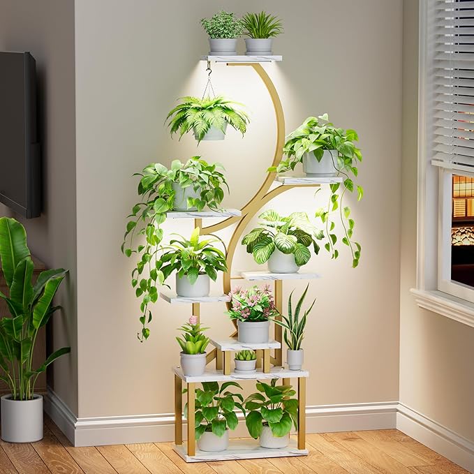 Plant Stand Indoor with Grow Lights - 62" Tall Plant Shelf, Lighted Corner Plant Stands for Indoor Growing, 8 Tiered Large Flower Holder, S-Shaped Plants Rack for Living Room, Bedroom, Faux Marble