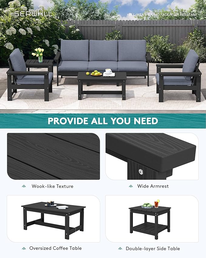 SERWALL HDPE Patio Furniture Set, 7-piece Outdoor Sectional Sofa Set, All Weather Outdoor Couch Set for Deck, Lawn, Black Frame with Grey Cushion