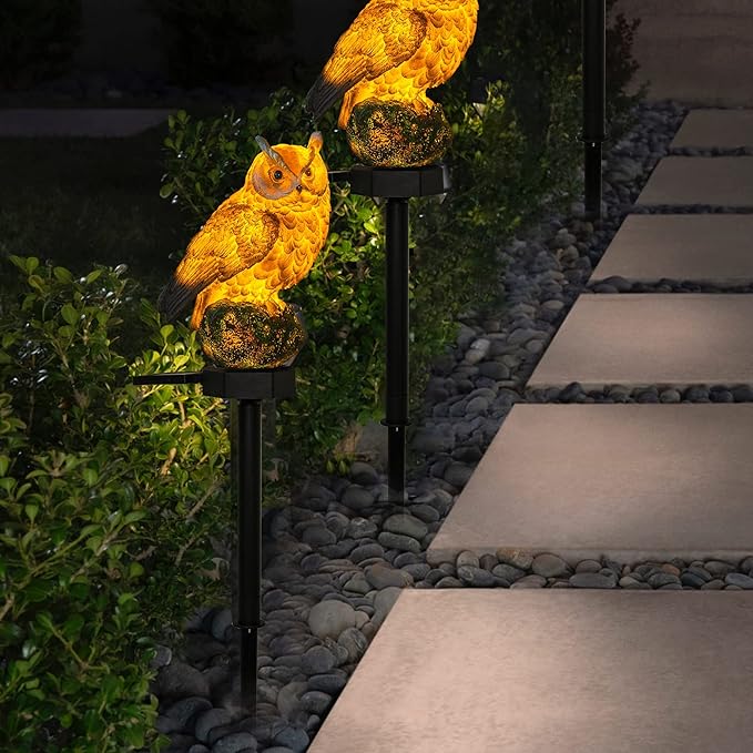 Dazzle Bright 2 Pack Owl Figure Solar LED Lights, Resin Garden Waterproof Decorations with Stake for Outdoor Yard Pathway Outside Patio Lawn Decor to Scare Birds Away, Gifts For Women, Owl Lovers