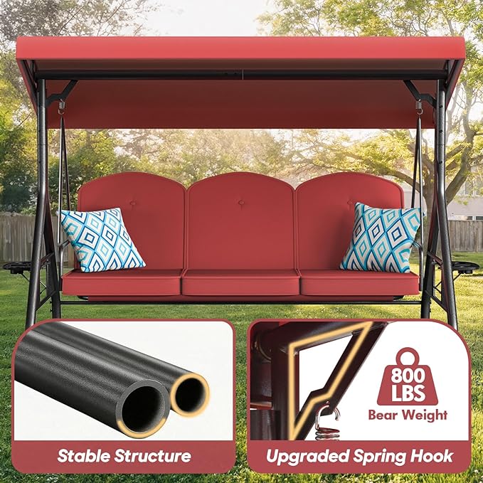 3 Seat Outdoor Porch Patio Swing with Stand 800lbs 2-in-1 Convertible Swing Bed with Adjustable Canopy & Removable Cushion for Yard Garden Deck (Wine Red, Round Tube)