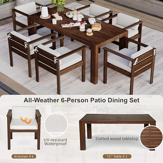 Merax 7-Piece Patio Dining Table Set,Outdoor Furniture Set with 72.8" Rectangle Table & 6 Chairs,Adjustable Leveling Feet,Umbrella Hole for Backyard,Garden,Poolside,Brown+ Beige