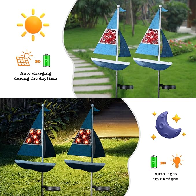 Solar Garden Lights Sailboat Stake Decor-Yard Outdoor Statue Decorations Waterproof 5 LED Metal Landscape Lighting Flower Bed,Pond,Yard,Lawn Gift for Mom Grandma Women
