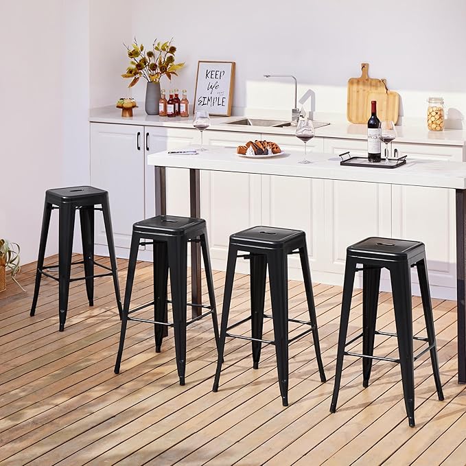 Yaheetech 30 Inch Metal Bar Stools Set of 4, Bar Height Backless Bartools, Industrial Stackable Bar Chairs with Footrest for Kitchen/Dining Room/Bistro/Patio, Black