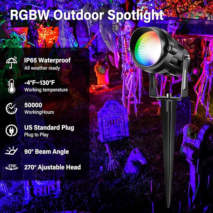 Halloween Christmas Spotlight Outdoor Color Changing Landscape Spotlights,12W RGBW LED Outdoor Spot Lights for Yard Garden Decor,Waterproof 110V Plug in Landscape Lighting with Remote,2 Packs