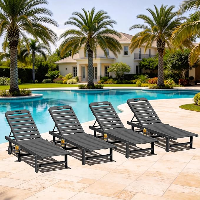 SERWALL Outdoor Chaise Lounge Set of 4, 78" Patio Lounge Chair with 5 Positions Adjustable Backrest, HDPE Lounger with Rolling Wheels & Cup Holder for Poolside, Beach, Garden, Grey