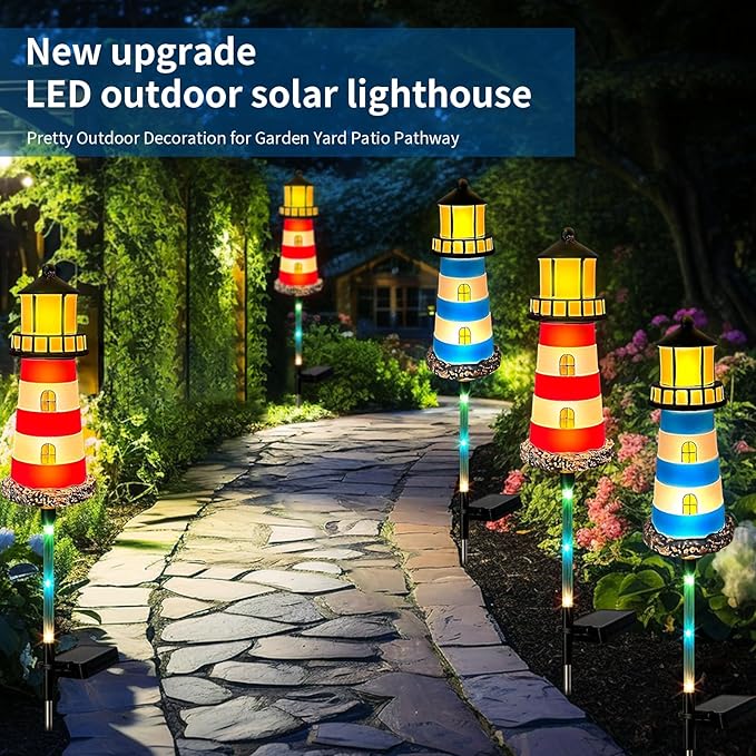 Solar Garden Lights Outdoor Decorations, 4 Packs Lighthouse Waterproof, Lights walkways Garden Decor for Outside Landscape Light, for Yard, Patio, Pathway Decor, Gifts
